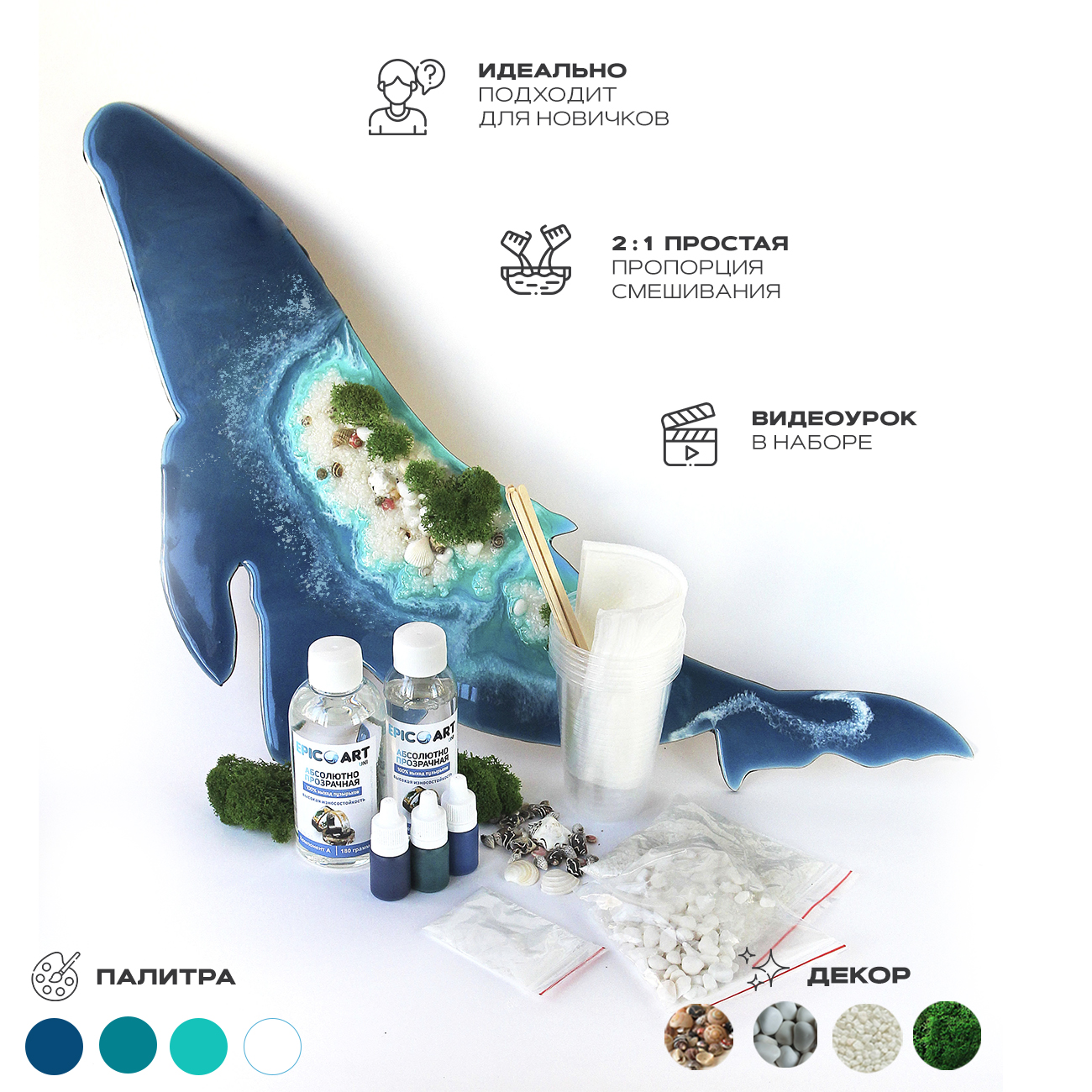 Творческий набор для рисования эпоксидной смолой в стиле Resin Art . Картина море, остров "Кит-остров"